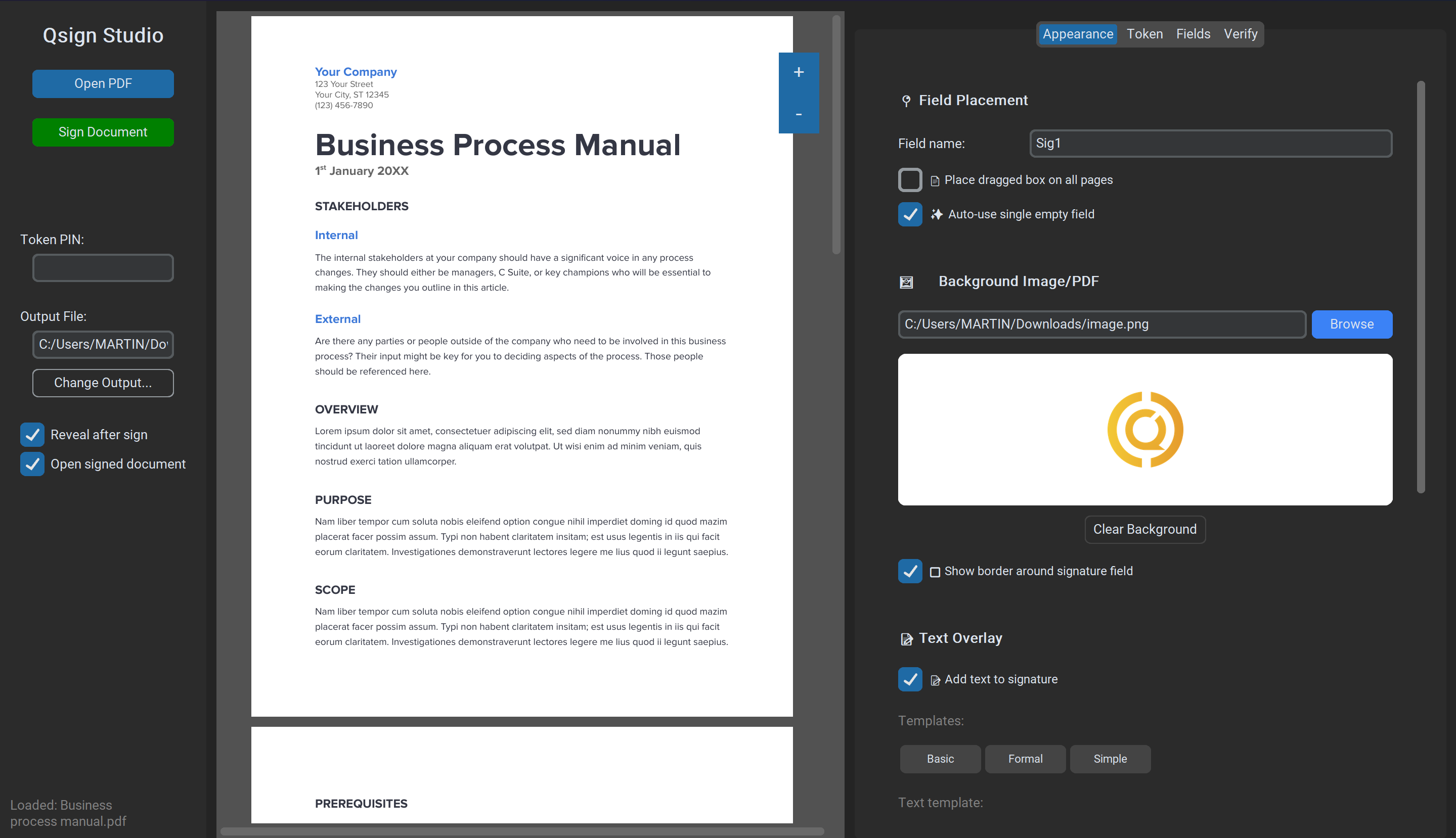 Qsign Studio — Field placement and background image settings